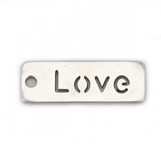 Picture of 304 Stainless Steel Charms Rectangle Silver Tone Message " LOVE " Hollow 17mm x 6mm, 2 PCs