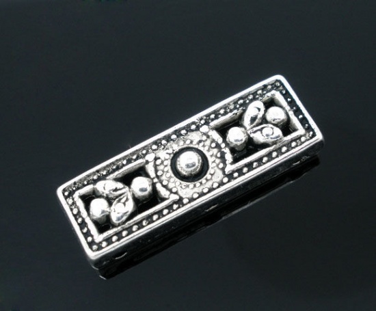 Picture of Zinc Based Alloy Beads (3 Holes) Rectangle Antique Silver Color Hollow Carved About 26mm x 9mm, Hole:Approx 1mm, 4 PCs