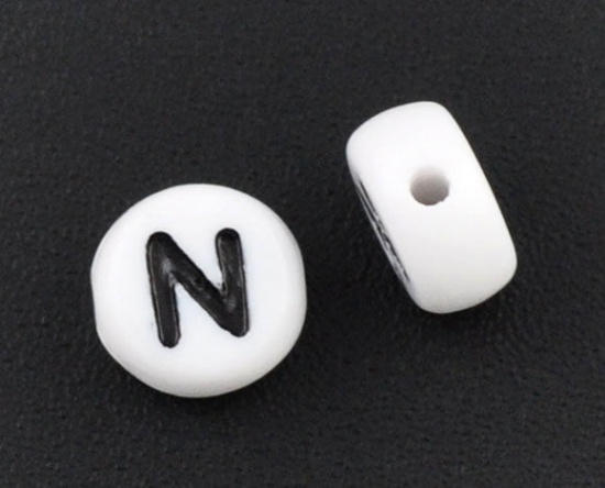 Picture of Acrylic Spacer Beads Round White Alphabet/ Letter "N" About 7mm Dia, Hole: Approx 1mm, 60 PCs