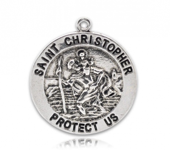 Picture of Zinc Based Alloy Pendants Round Antique Silver Color Religion Message " SAINT CHRISTOPHER PROTECT US " Carved 3.3cm(1 2/8") x 3cm(1 1/8"), 1 Piece