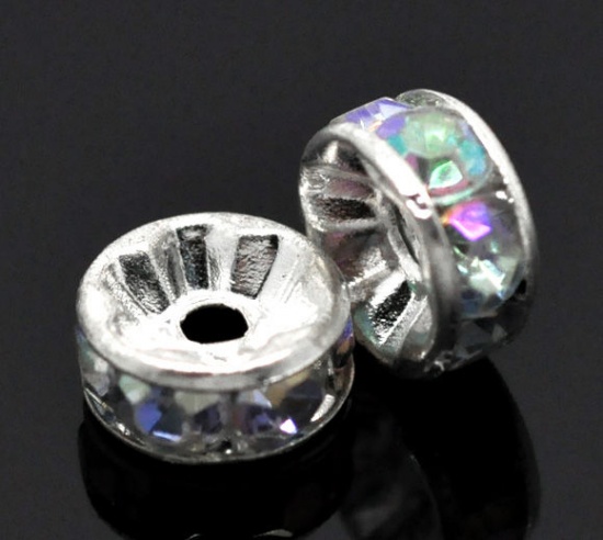 Picture of Zinc Based Alloy Rondelle Spacer Beads Round Silver Plated AB Color Rhinestone About 8mm Dia, Hole:Approx 1.9mm, 10 PCs