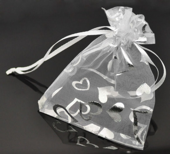 Picture of Wedding Gift Organza Jewelry Bags Drawstring Rectangle White Heart Pattern 12cm x9cm(4 6/8" x3 4/8"), 4 PCs