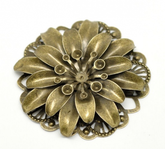 Picture of Filigree Stamping Embellishments Findings Flower Antique Bronze Flower Hollow Pattern 4.8cm(1 7/8") Dia, 2 PCs