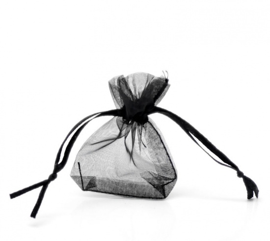 Picture of Wedding Gift Organza Jewelry Bags Drawstring Rectangle Black 7cm x5cm(2 6/8" x2"), 5 PCs