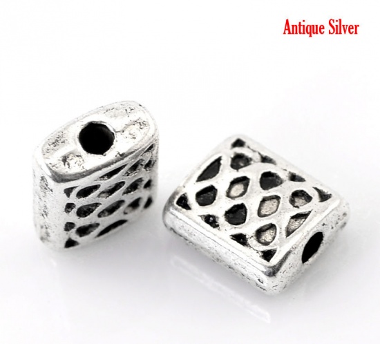 Picture of Zinc Based Alloy Spacer Beads Rectangle Antique Silver Color Spot Carved About 7mm x 6mm, Hole:Approx 1.5mm, 20 PCs
