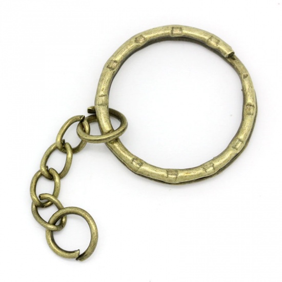 Picture of Iron Based Alloy Keychain & Keyring Round Antique Bronze Stripe Carved 5.3cm(2 1/8") Dia, 5 PCs