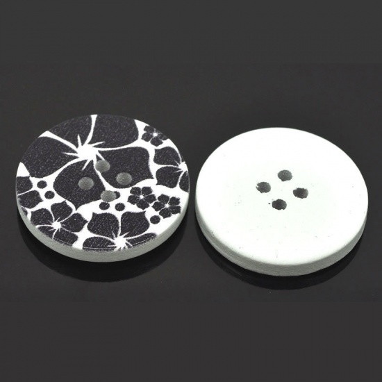 Picture of Wood Sewing Buttons Scrapbooking 4 Holes Round Black Flower Pattern 3cm(1 1/8") Dia, 5 PCs