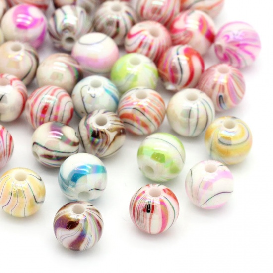 Picture of Acrylic Bubblegum Beads Ball At Random AB Color Stripe Pattern About 8mm Dia, Hole: Approx 1.5mm, 30 PCs