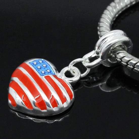 Picture of European Style Large Hole Charm Dangle Beads Heart Silver Plated American Flag Pattern Enamel 29mm x 15mm, Hole: Aprox 4.6mm, 1 PCs