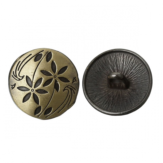 Picture of Zinc Based Alloy Metal Sewing Shank Buttons Round Antique Bronze Flower Carved 17mm( 5/8") Dia, 2 PCs