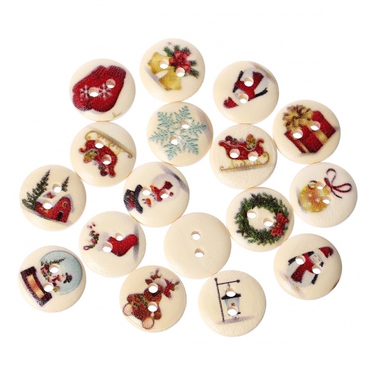 Picture of Wood Sewing Buttons Scrapbooking 2 Holes Round At Random Christmas Pattern 15mm( 5/8") Dia, 15 PCs