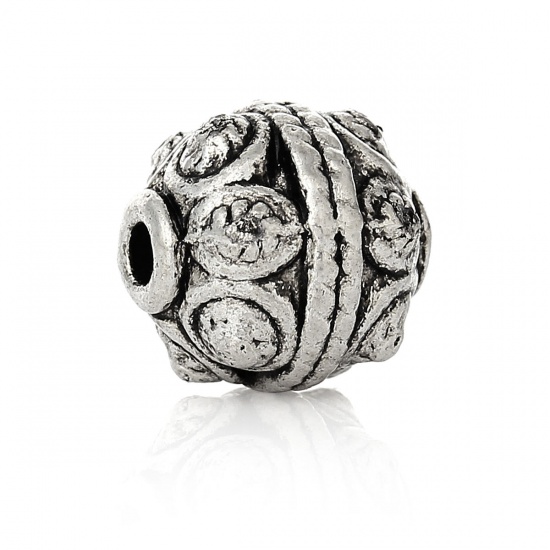Picture of Zinc metal alloy Spacer Beads Barrel Antique Silver Color Circle Carved About 11mm x 10mm, Hole:Approx 2.2mm, 3 PCs