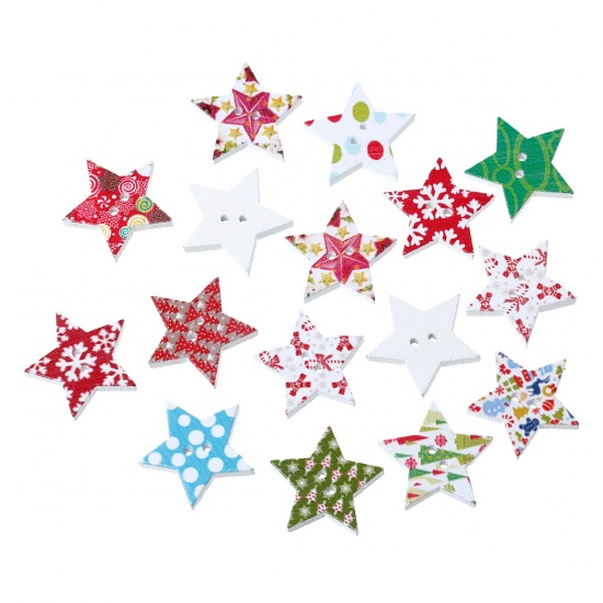 Picture of Wood Sewing Buttons Scrapbooking 2 Holes Star At Random Christmas Pattern 25mm(1") x 24mm(1"), 8 PCs