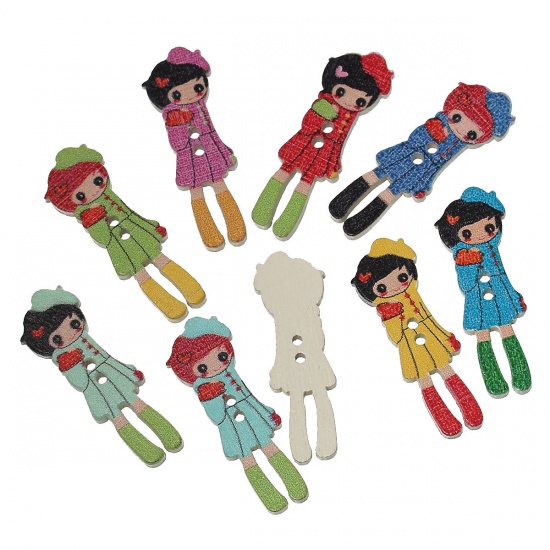 Picture of Wood Sewing Buttons Scrapbooking Girl At Random 2 Holes 35mm(1 3/8") x 12mm( 4/8"), 9 PCs