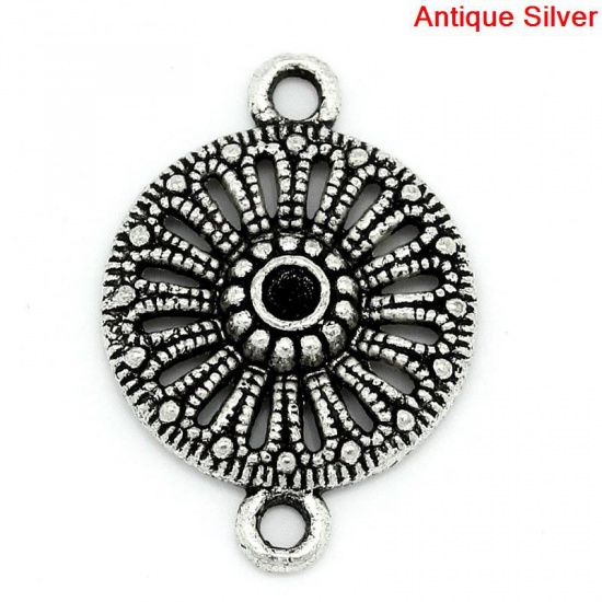 Picture of Zinc metal alloy Connectors Findings Findings Round Antique Silver Flower Hollow Pattern Inlaid diamonds (Can Hold ss10 Rhinestone) 21mm x 15mm, 7 PCs