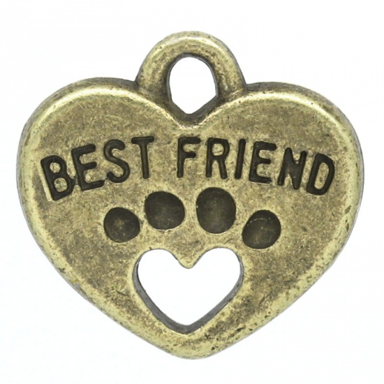 Picture of Charm Pendants Heart Antique Bronze Bear's Paw & "BEST FRIEND" Carved 15x15mm,30PCs