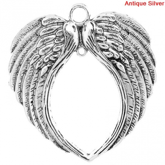 Picture of Zinc Based Alloy Connectors Findings Heart Antique Silver Angel Wing Carved 6.9cm x6.6cm, 3 PCs