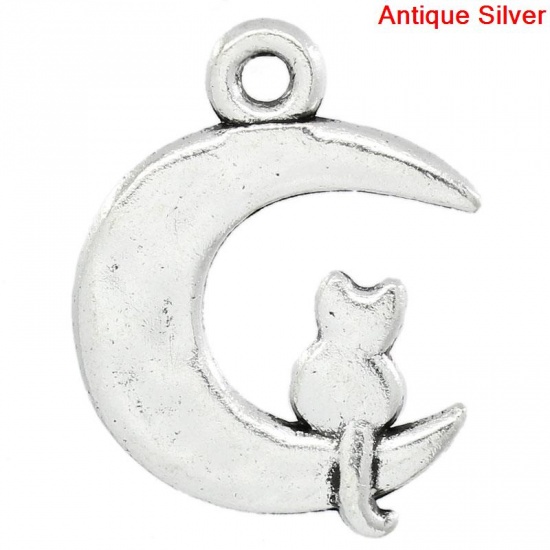 Picture of Zinc Based Alloy Charms Half Moon Antique Silver Cat Carved 23mm( 7/8") x 18mm( 6/8"), 50 PCs