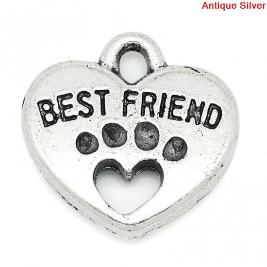 Picture of Zinc Metal Alloy Charm Pendants Heart Bear Paw Antique Silver Message " Best Friend " Carved 15mm(5/8") x 15mm(5/8"), 30 PCs