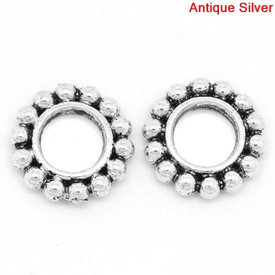 Picture of Zinc Metal Alloy European Style Large Hole Charm Beads Flat Round Antique Silver Dot Pattern About 9mm Dia, Hole: Approx 4.6mm, 200 PCs