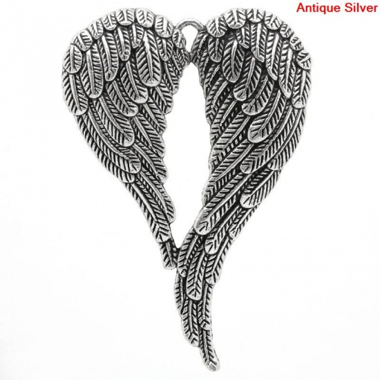 Picture of Zinc Based Alloy Pendants Heart Antique Silver Angel Wing Carved 6.9cm(2 6/8") x 4.7cm(1 7/8"), 5 PCs