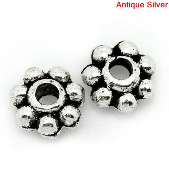 Bild von Zinklegierung Perlen Blumen Antik Silber 4.0mm x 4.0mm, Loch: 1.0mm, 500 Stück