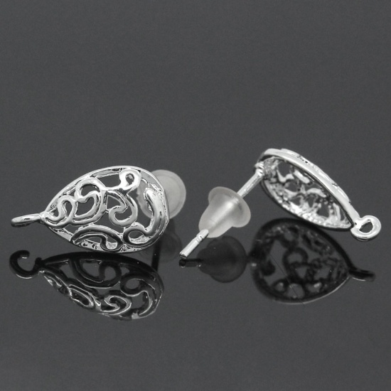 Bild von Kupfer Ohrstecker Ohrringe Einzelteil Tropfen Versilbert Filigran mit Öse 15mm x 13mm, Drahtstärke: (20 gauge), 10 Stück