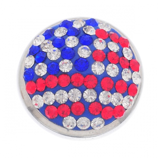 Picture of 20mm Alloy Snap Buttons Round Silver Tone Flag of the United States Pattern Multicolor Rhinestone Fit Snap Button Bracelets, Knob Size: 5.5mm( 2/8"), 1 Piece