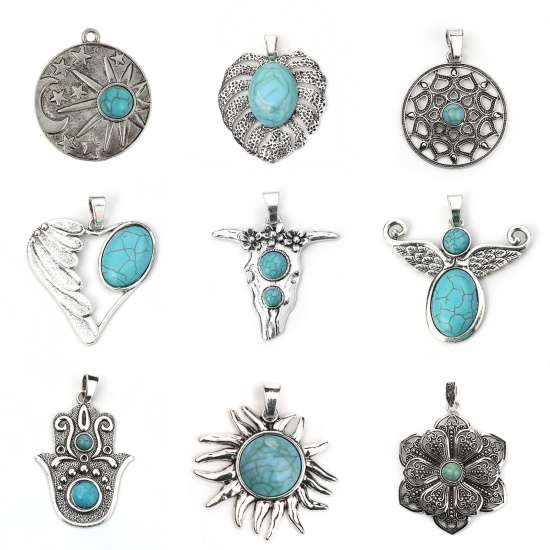 Picture of Zinc Based Alloy & Acrylic Boho Chic Pendants Round Antique Silver Color Green Blue Sun Imitation Turquoise 34mm(1 3/8") x 29mm(1 1/8"), 6 PCs