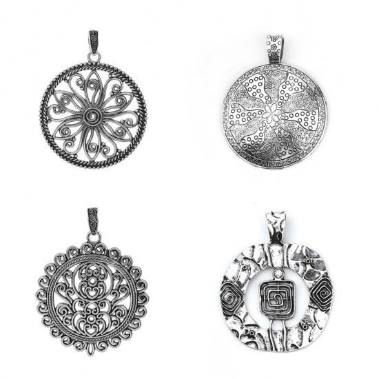 Picture of Zinc Based Alloy Boho Chic Pendants Round Antique Silver Color Carved 75mm(3") x 56mm(2 2/8"), 2 PCs