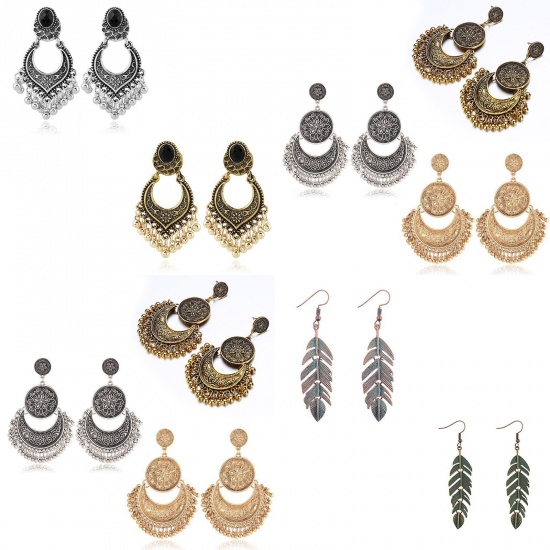Picture of Earrings Antique Silver Color Round Carved Pattern 53mm x 36mm, 1 Pair