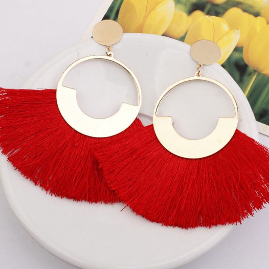 Picture of Boho Chic Tassel Earrings Pink Round Hollow 9.5cm(3 6/8") x 4cm(1 5/8"), 1 Pair