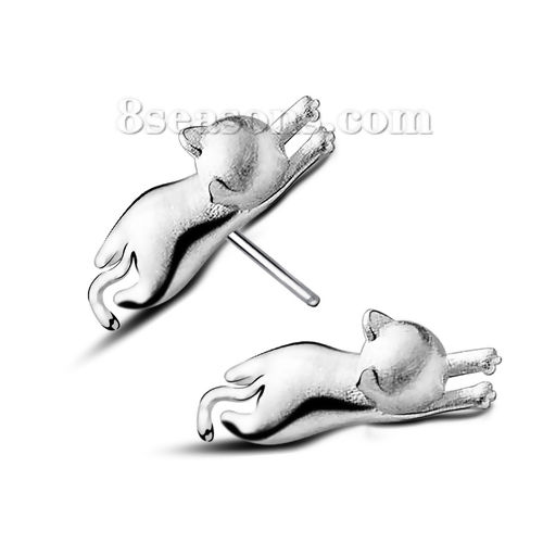 Picture of Copper Ear Post Stud Earrings Silver Tone Cat Animal Drawbench 12mm( 4/8") x 4mm( 1/8"), Post/ Wire Size: (20 gauge), 1 Pair