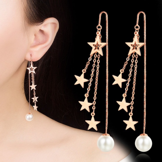 Picture of Earrings Platinum Color White Pentagram Star Imitation Pearl 16.5cm, 1 Pair