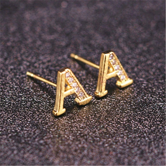 Picture of Copper Ear Post Stud Earrings Gold Plated Capital Alphabet/ Letter Message " A " Clear Cubic Zirconia 10mm x 8mm, 1 Pair