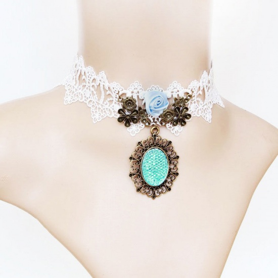 Picture of Zinc Based Alloy & Velvet Choker Necklace Antique Bronze Black Rose Flower Cross 30cm(11 6/8") long, 1 Piece
