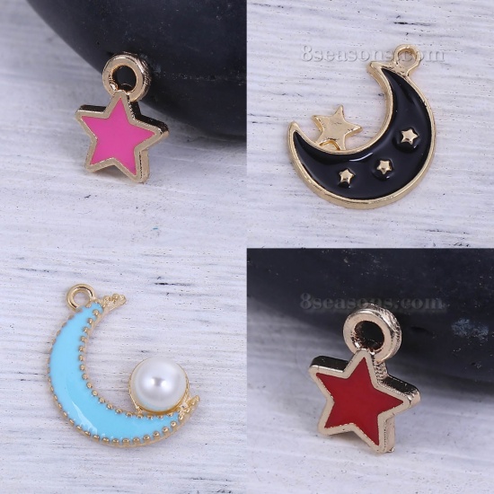 Picture of Zinc Based Alloy Ocean Jewelry Charms Star Fish Gold Plated Orange Pink Enamel 15mm( 5/8") x 12mm( 4/8"), 20 PCs