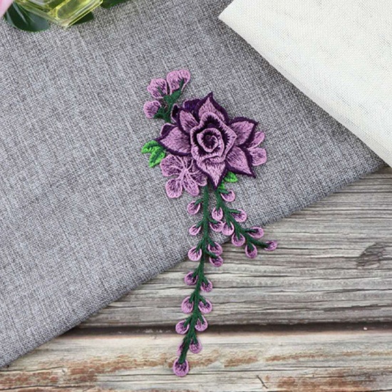 Picture of Polyester Embroidery Appliques Patches DIY Scrapbooking Craft Purple Flower 24cm x 10cm, 1 Piece