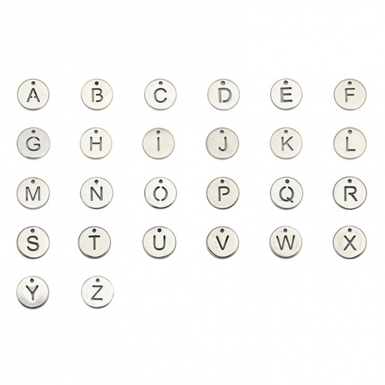 Picture of 304 Stainless Steel Charms Round Silver Tone Initial Alphabet/ Capital Letter Message " U " Hollow 10mm( 3/8") Dia., 5 PCs