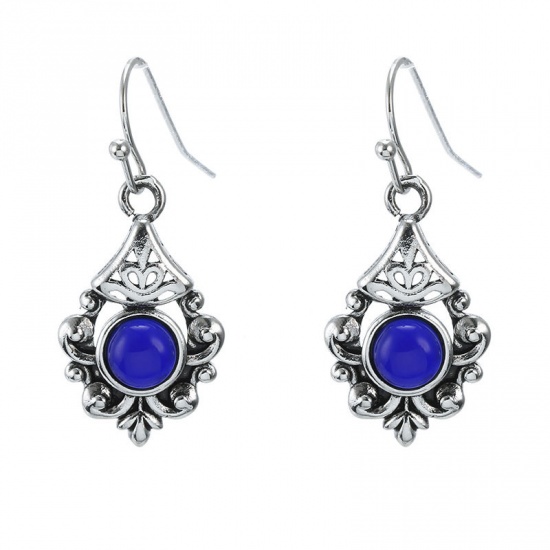 Picture of Earrings Antique Silver Blue Drop Imitation Turquoise 5cm x 3cm, 1 Pair