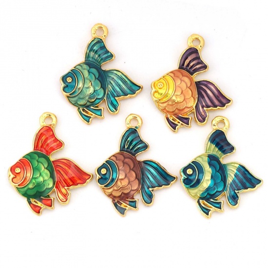 Picture of Zinc Based Alloy Ocean Jewelry Charms Fish Animal Gold Plated Green Enamel 23mm( 7/8") x 18mm( 6/8"), 5 PCs