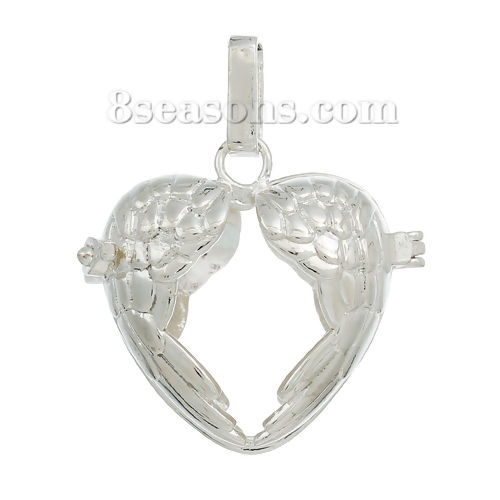 Picture of Copper Mexican Angel Caller Bola Harmony Ball Wish Box Pendants Silver Plated Heart Wing Hollow Can Open (Fit Bead Size: 16mm) 36mm(1 3/8") x 28mm(1 1/8"), 1 Piece