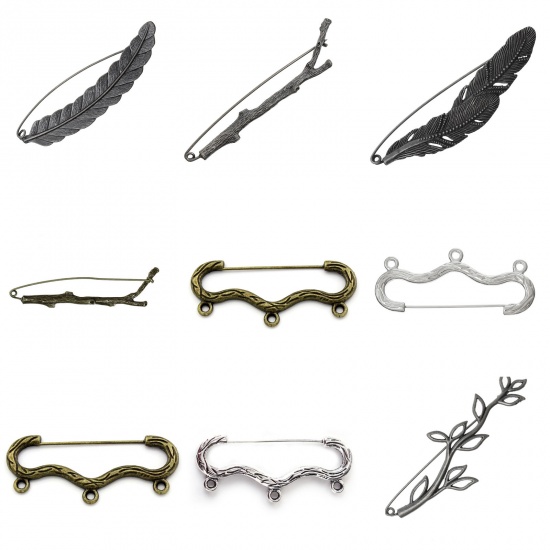 Picture of Zinc Based Alloy Safety Pin Brooches Findings Bow Antique Bronze W/ 3 Loop 46mm(1 6/8") x 20mm( 6/8"), 10 PCs