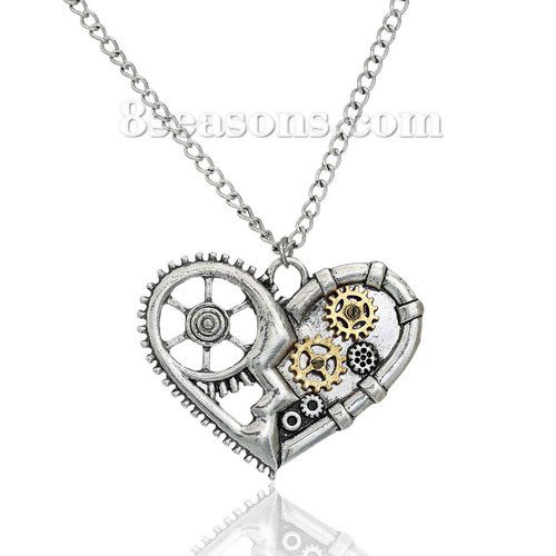 Picture of New Fashion Steampunk Necklace Link Curb Chain Antique Silver Heart Gear Hollow Pendant 57.0cm(22 4/8") long, 1 Piece