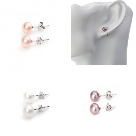 Picture of Sterling Silver & Freshwater Cultured Pearl Ear Post Stud Earrings Purple Round 7mm( 2/8") Dia. - 6mm( 2/8") Dia, Post/ Wire Size: (20 gauge), 1 Pair