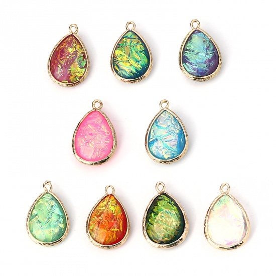 Picture of Copper & Resin AB Rainbow Color Aurora Borealis Charms Drop Light Golden Hot Pink 23mm x15mm( 7/8" x 5/8") - 22mm x14mm( 7/8" x 4/8"), 5 PCs