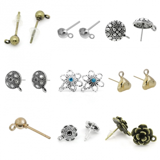 Picture of Alloy Ear Post Stud Earrings Findings Round Silver Plated W/ Loop 7x4mm, Post/ Wire Size: (21 gauge), 400 PCs