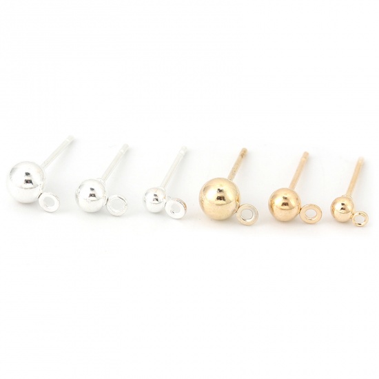 Picture of Iron Based Alloy Ear Post Stud Earrings Findings Ball Silver Plated W/ Loop 7mm x 5mm, Post/ Wire Size: (20 gauge), 50 PCs