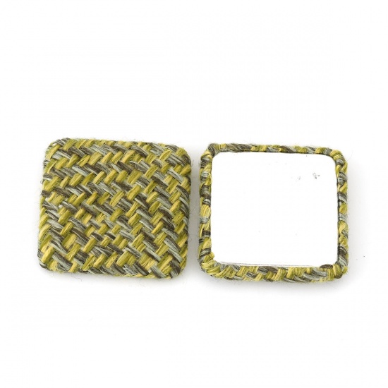 Picture of Zinc Based Alloy Embellishments Round Silver Tone Olive Green Grid Checker Fabric Covered 25mm(1") Dia, 10 PCs