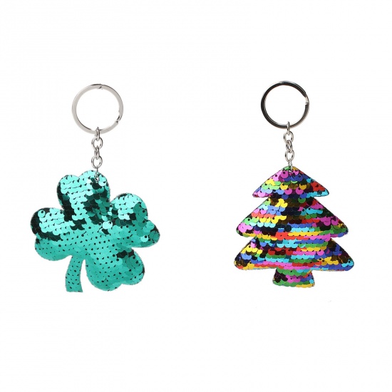 Picture of PVC Paillette Sequin Keychain & Keyring Christmas Tree Silver Tone Multicolor 14.5cm x 8cm, 1 Piece